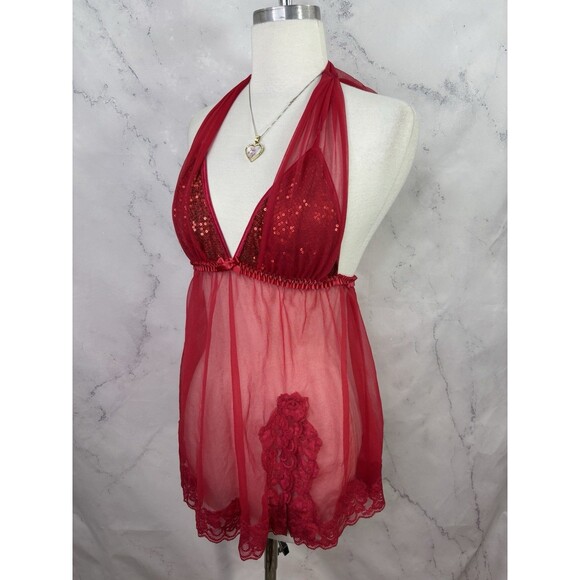 Vtg Fredericks Of Hollywood Red Babydoll Nightie Dress sz M Lingerie Mesh Gothic - Picture 8 of 15